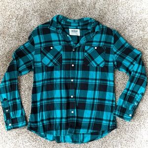 Urban Pipeline Flannel Button up, lightly worn, XL, black and blue
